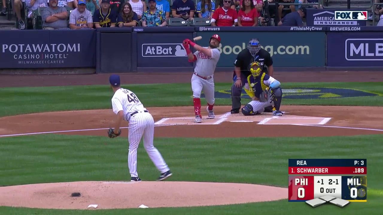 Kyle Schwarber launches a lead off home run to get the Phillies out to an early lead against the Brewers