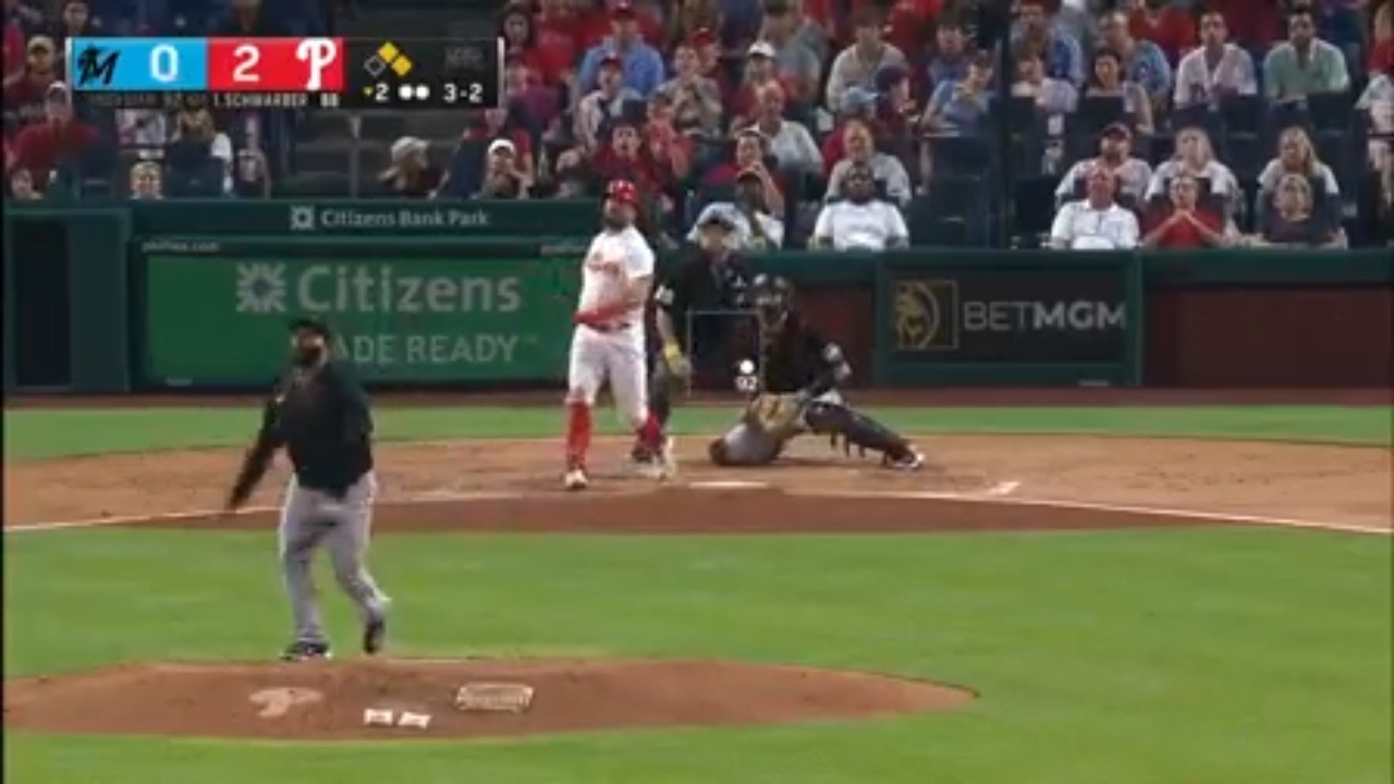 Kyle Schwarber crushes a three-run home run to extend the Phillies' lead over the Marlins