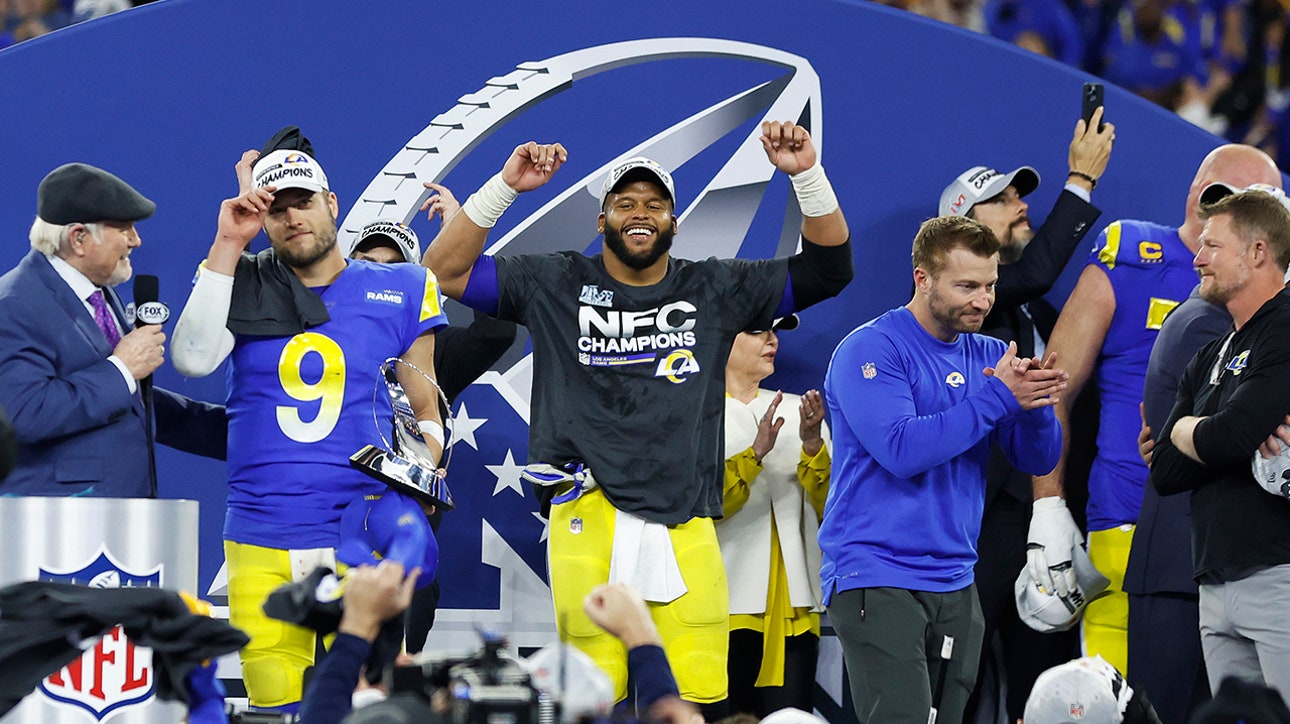 The Rams celebrate after punching their ticket to the Super Bowl