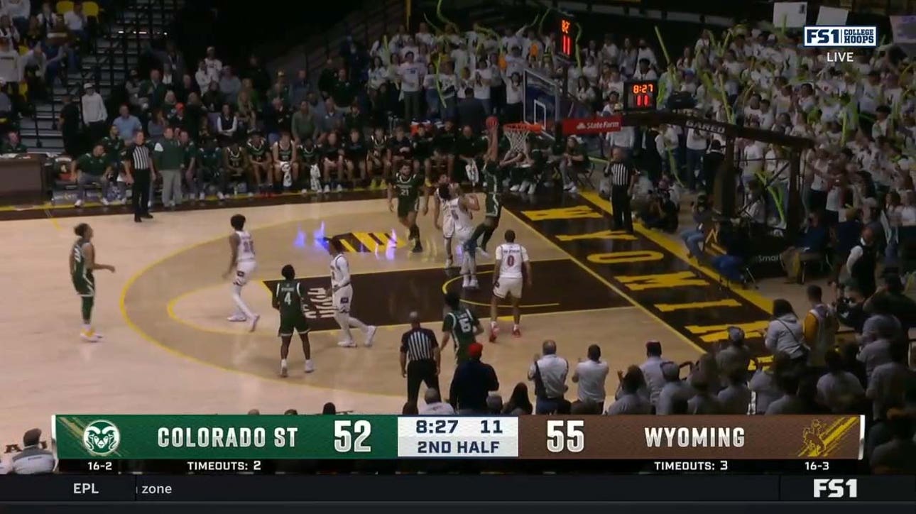 John Tonje goes up for the two-handed slam to keep Colorado State within one point of Wyoming