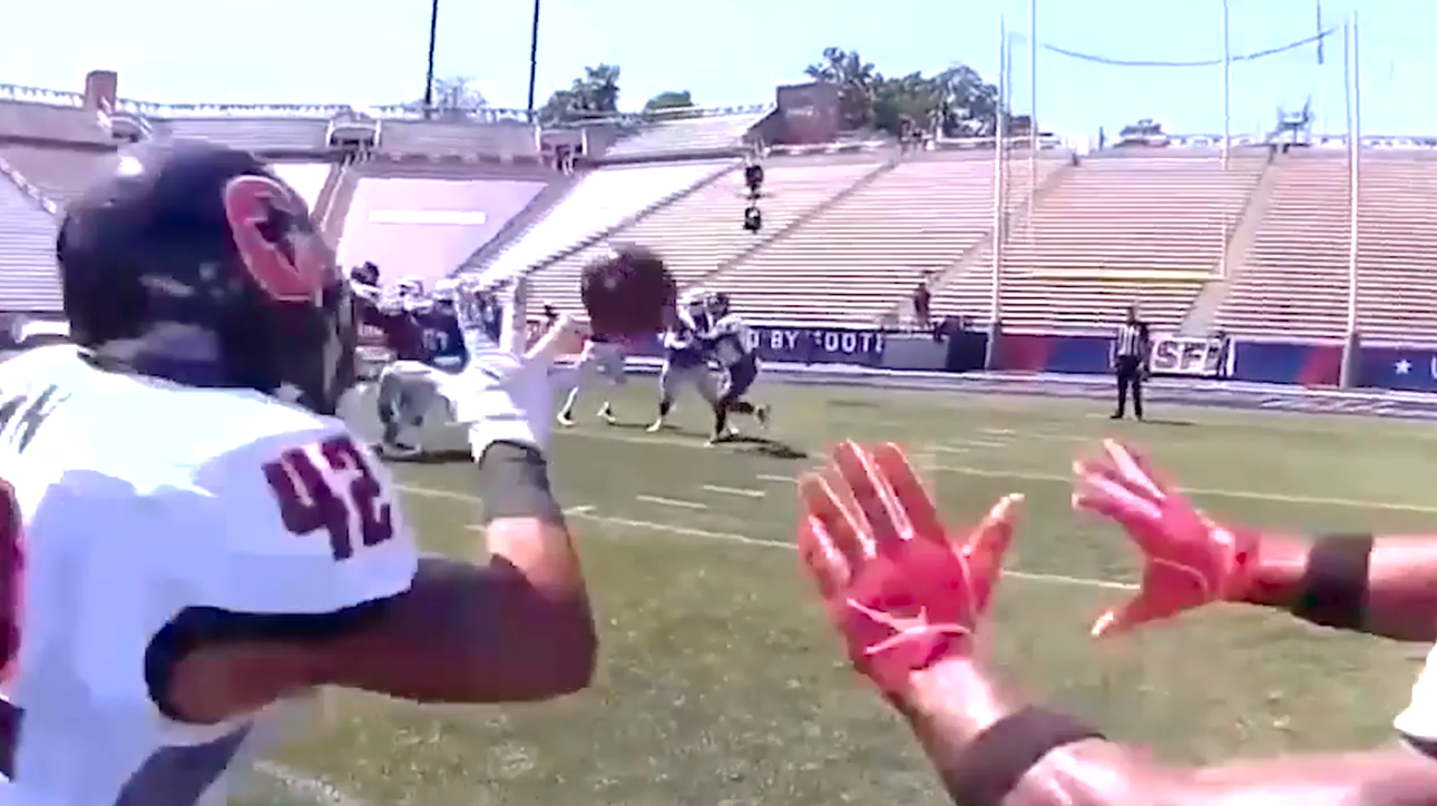 USFL Helmet Cam POV: Gamblers linebacker Brown cuts off the Breakers receiver for the interception