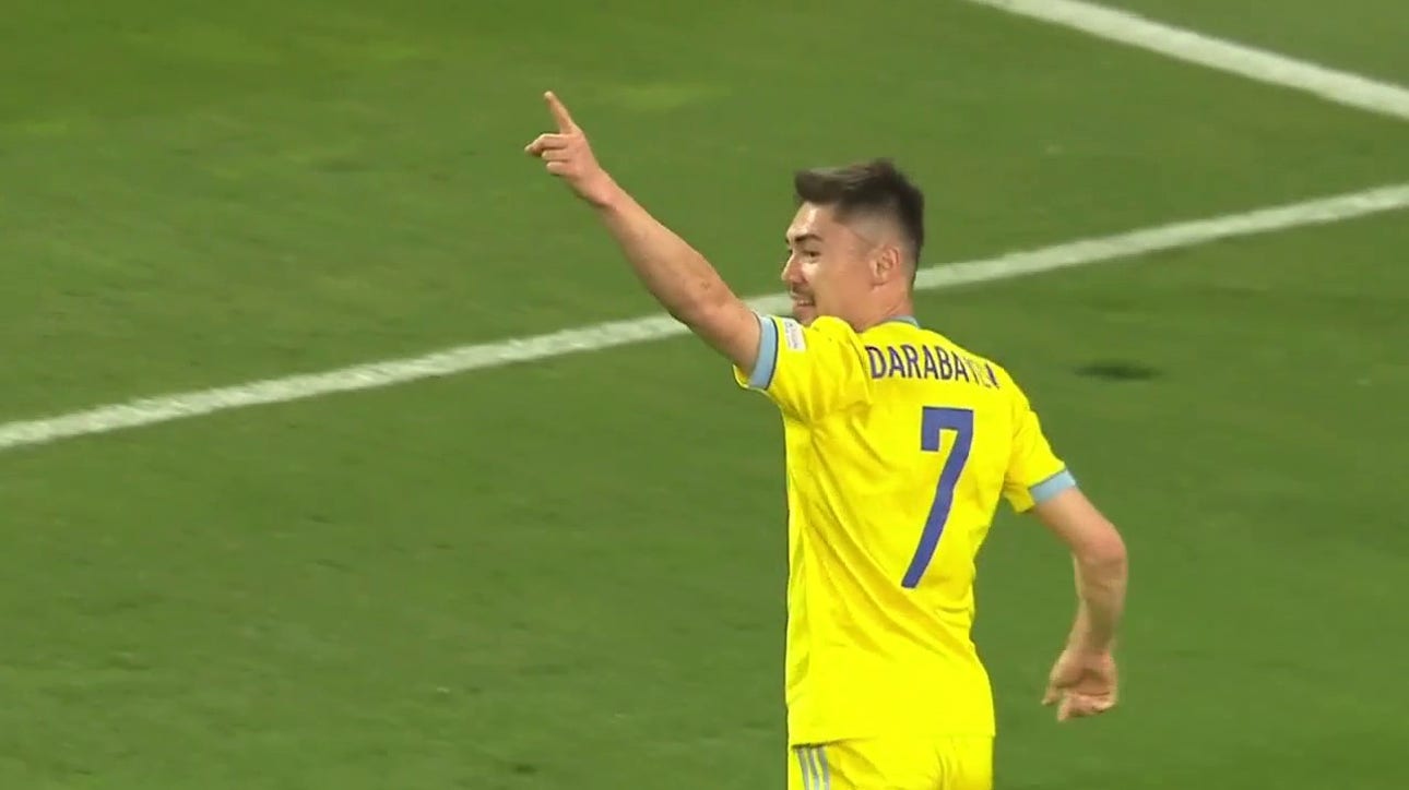 Midfielder Aslan Darabayev scores his first international goal to give Kazakhstan the early lead