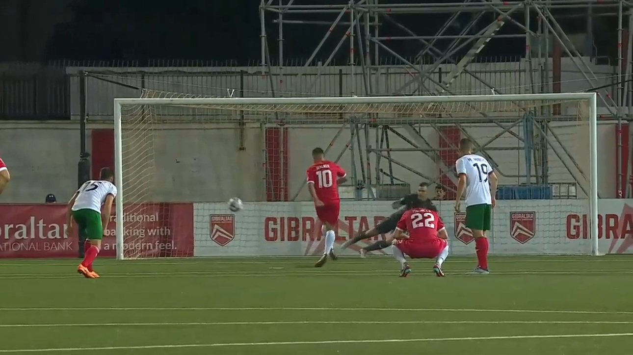 Gibraltar's Liam Walker evens the score against Bulgaria, 1-1