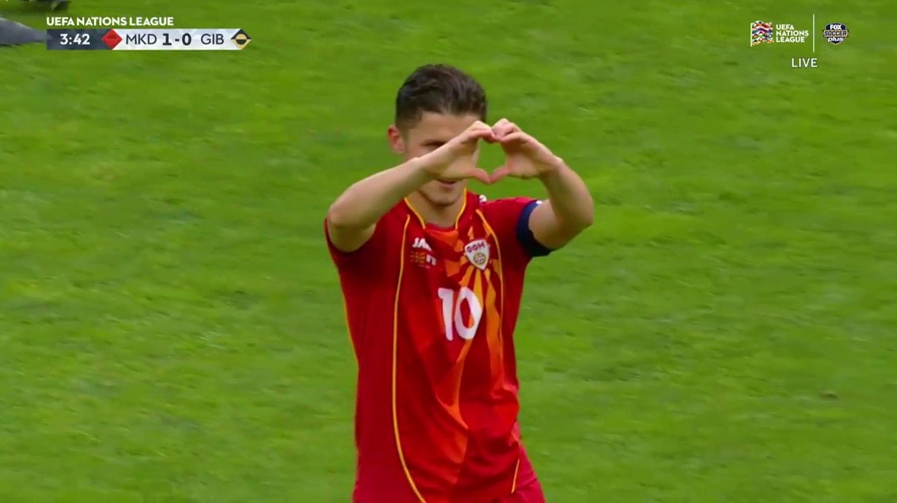Enis Bardhi places the free kick perfectly to give North Macedonia the early lead, 1-0