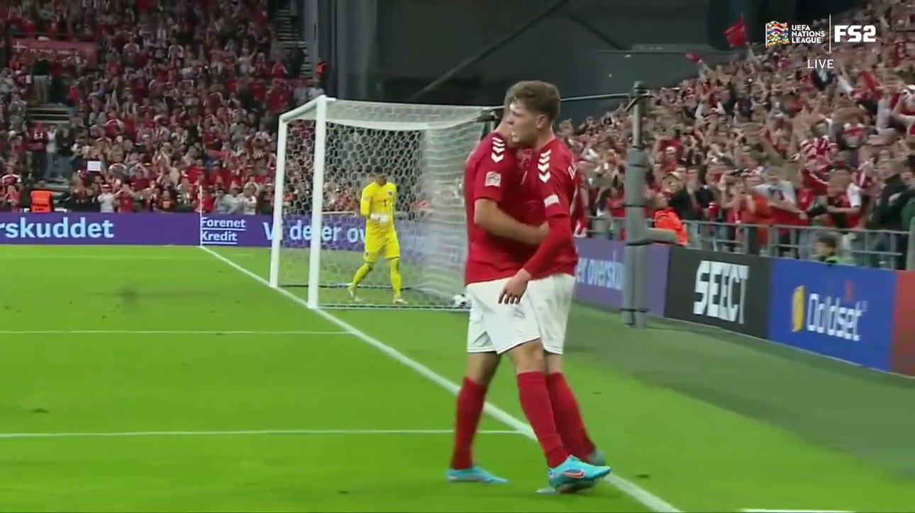 Jonas Wind scores and assists on a goal as Denmark takes a 2-0 lead after the first half