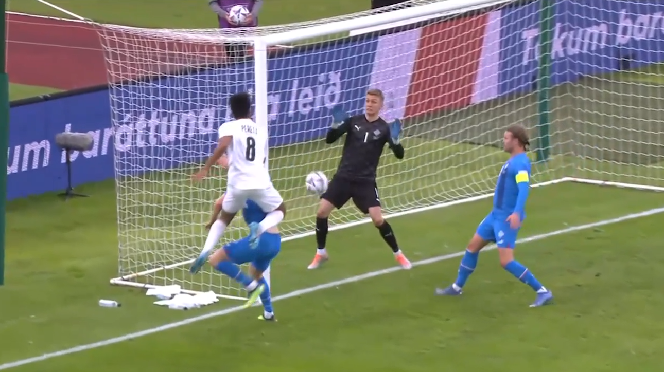 Israel's Dor Peretz levels the score at 2-2 against Iceland