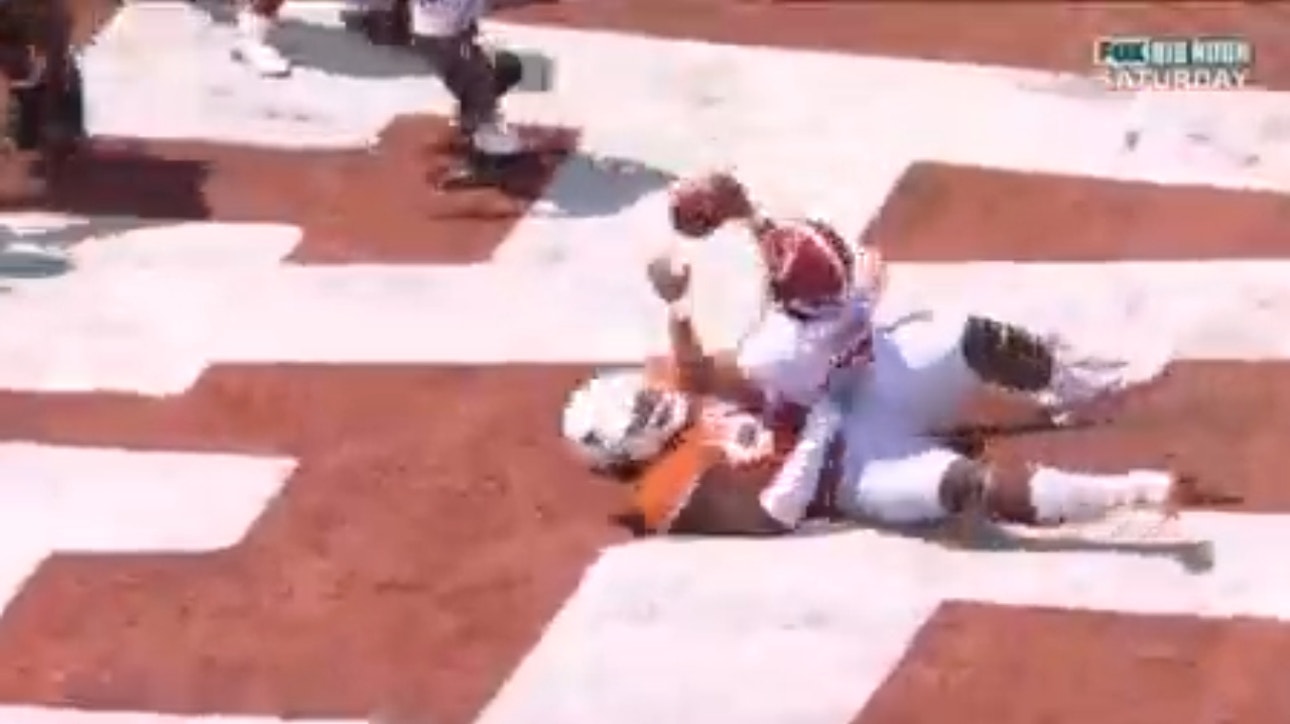 A WILD sequence involving an overturned safety, roughing the passer call and targeting in Alabama-Texas