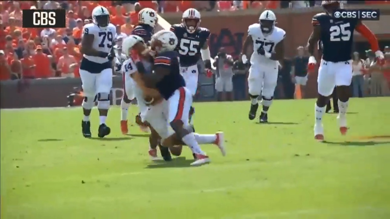 Penn State QB Sean Clifford fumbles after getting crushed by an Auburn linebacker