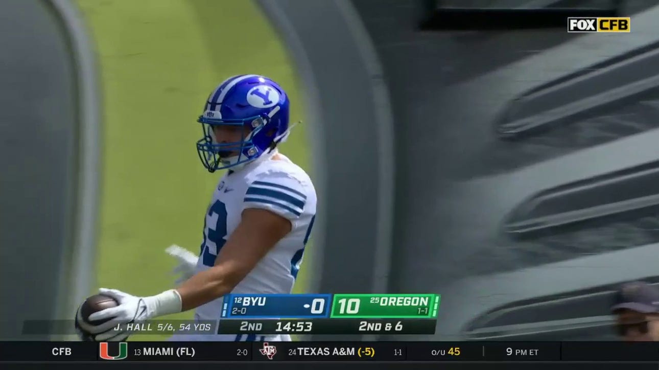 BYU trims Oregon lead to 10-7 after Jaren Hall finds Isaac Rex on a 28-yard touchdown