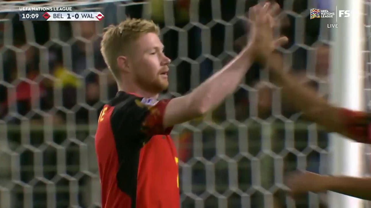 Kevin De Bruyne scores in the 10th minute to give Belgium an early 1-0 lead over Wales