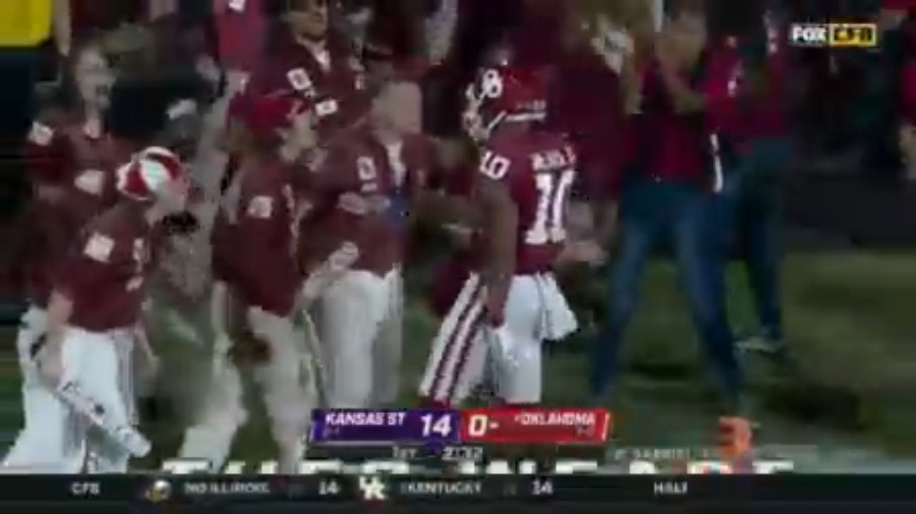 Oklahoma's Dillon Gabriel finds a wide-open Theo Wease for a 56-yard receiving touchdown
