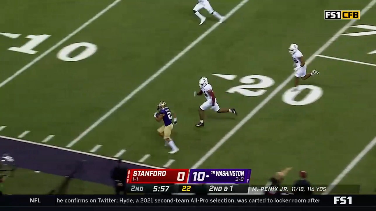 Washington's Wayne Taulapapa speeds past defenders for a 34-yard touchdown