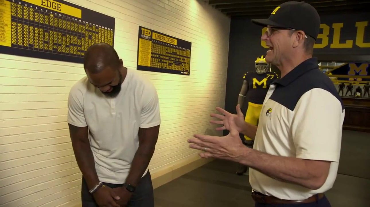 Charles Woodson chats with Michigan's Jim Harbaugh about Wolverines' aspirations this season