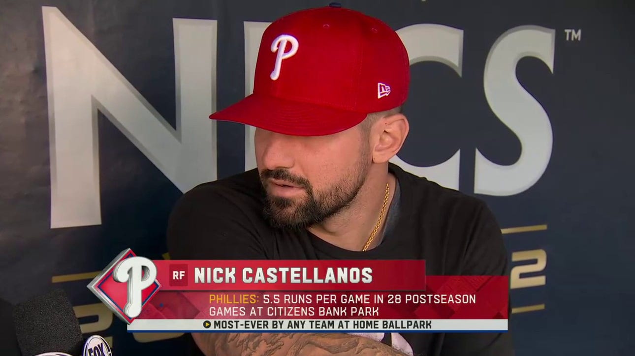 Phillies' Nick Castellanos speaks with Ken Rosenthal before Game 4 of the NLCS