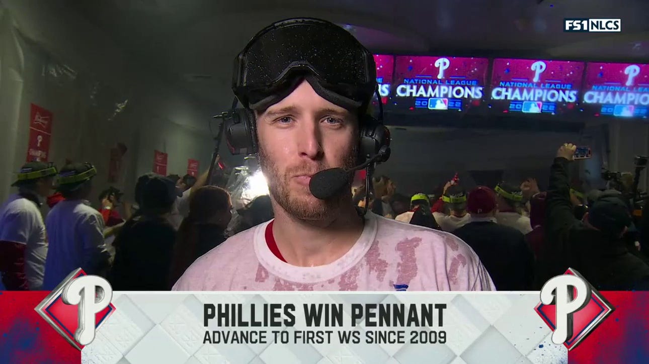 Zack Wheeler speaks with the 'MLB on FOX' crew after the Phillies advance to the World Series