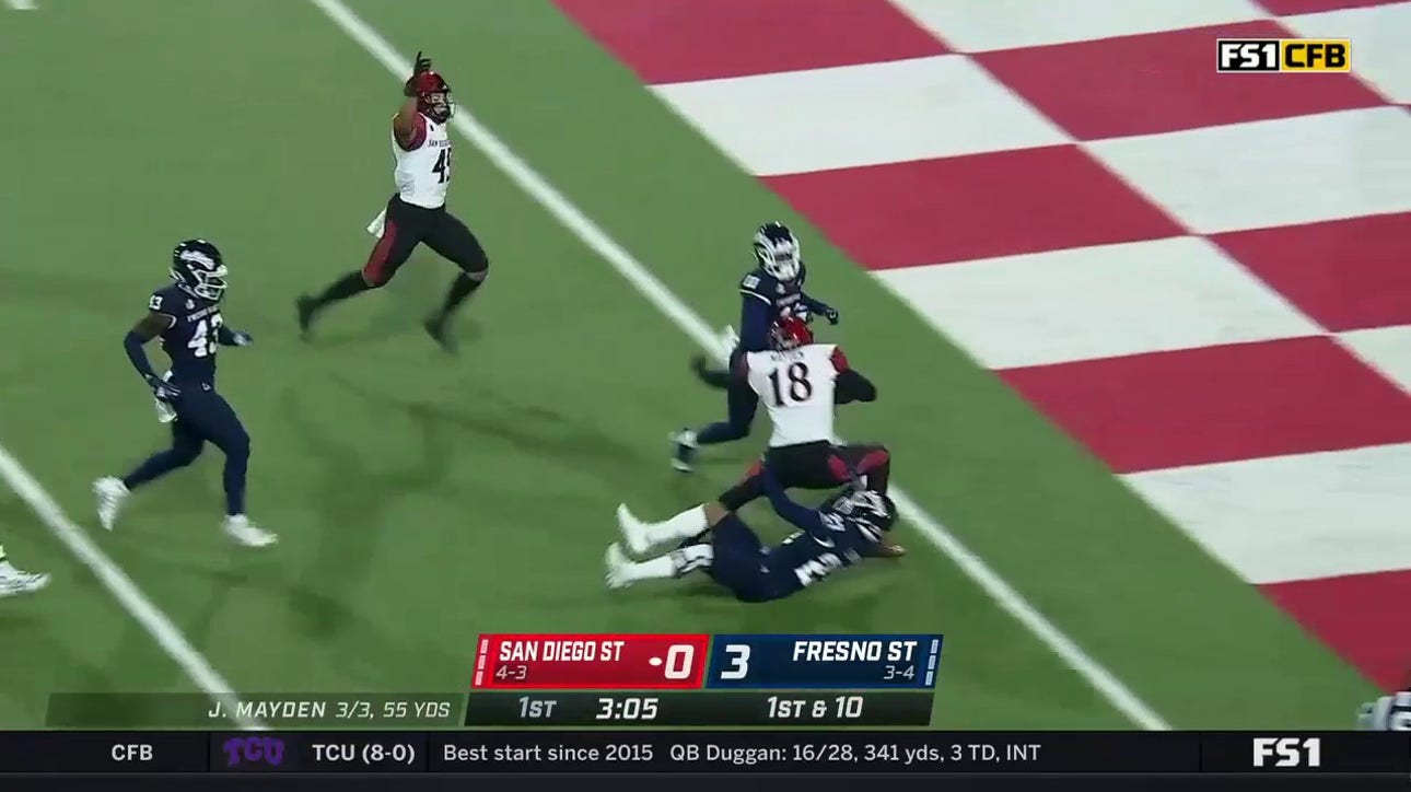 Aztecs' Jalen Mayden breaks a 28-yard quarterback scramble for a touchdown