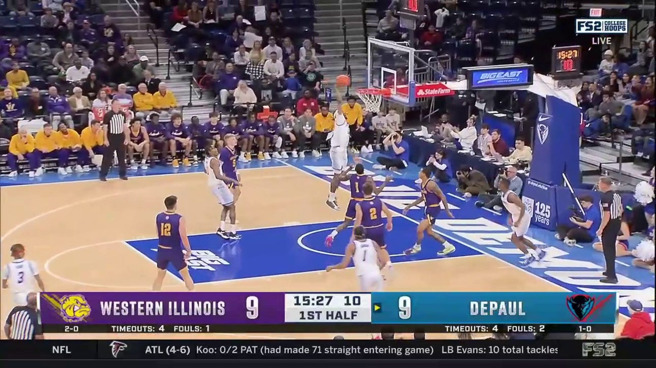 Depaul's Da'Sean Nelson throws down a NASTY one-handed jam to take the lead against Western Illinois