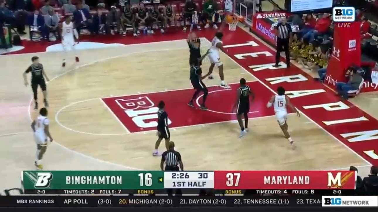 Julian Reese throws down a one-handed dunk for Maryland to push a 44-23 lead to Binghamton at half