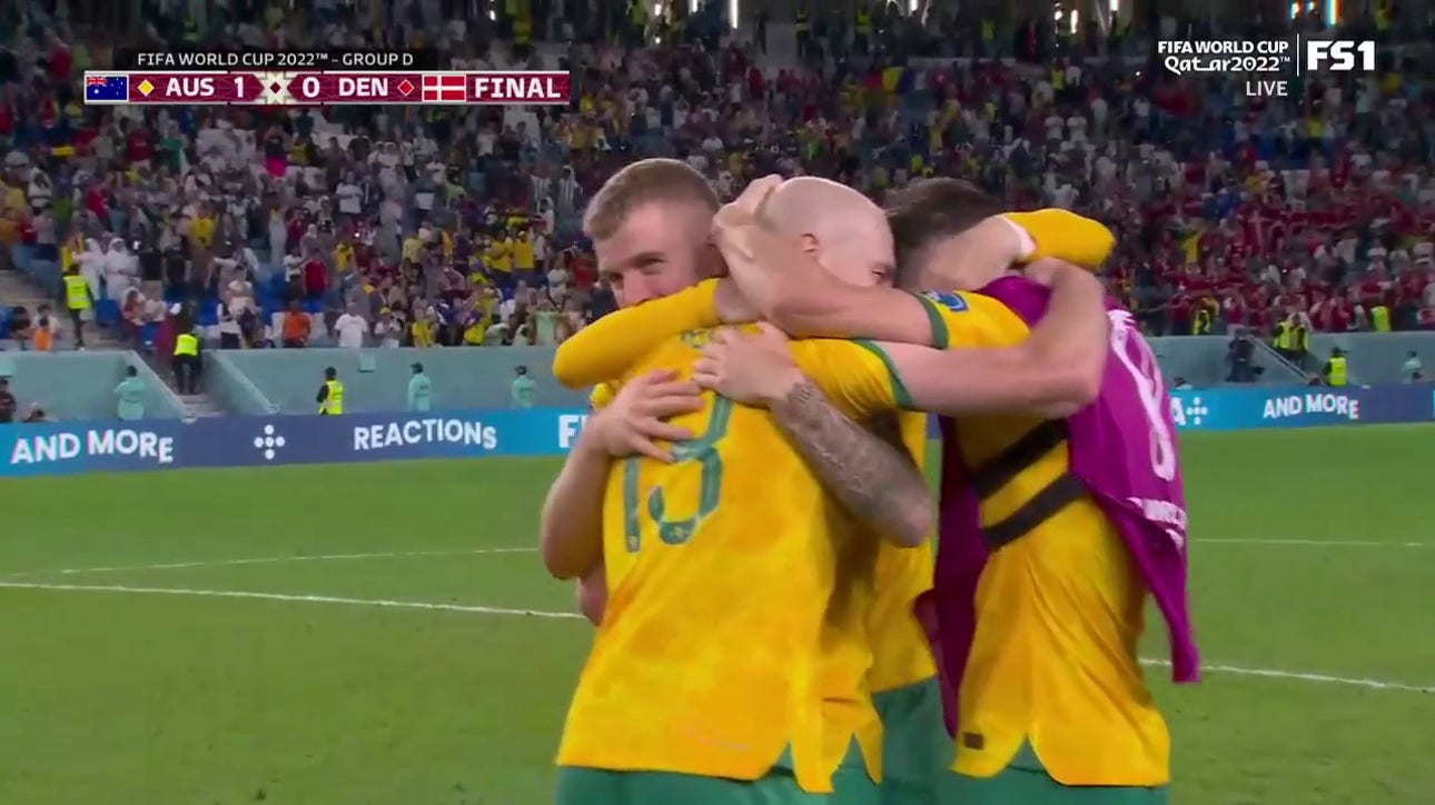 Australia celebrates after beating Denmark to advance past the Group Stage in the 2022 FIFA World Cup