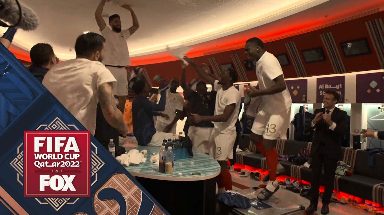 France, President Emmanuel Macron celebrate in locker room after advancing to World Cup final