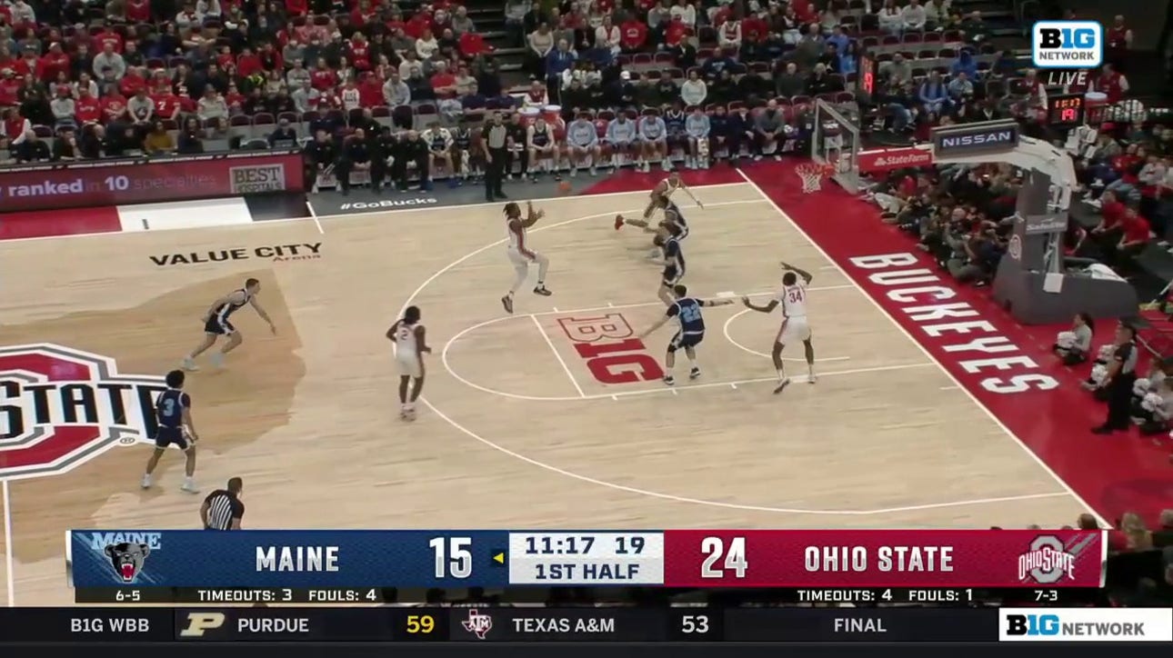 Ohio State's Felix Okpara gets up and throws down nasy alley-oop slam vs Maine