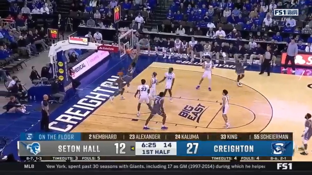 Seton Hall's Femi Odukale throws down a powerful two-handed dunk, resulting in a technical foul
