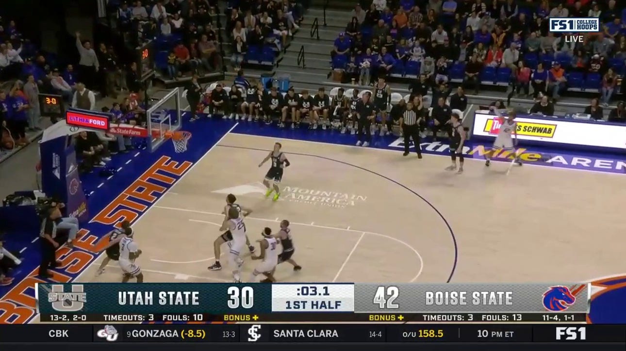 Max Rice hits a three to extend Boise State's lead over Utah State at halftime