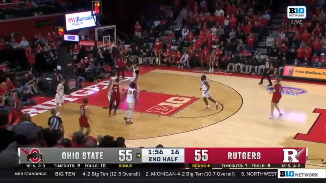 Clifford Omoruyi's alley-oop dunk from Paul Mulcahy rattles the rim to give Rutgers the late lead over Ohio State