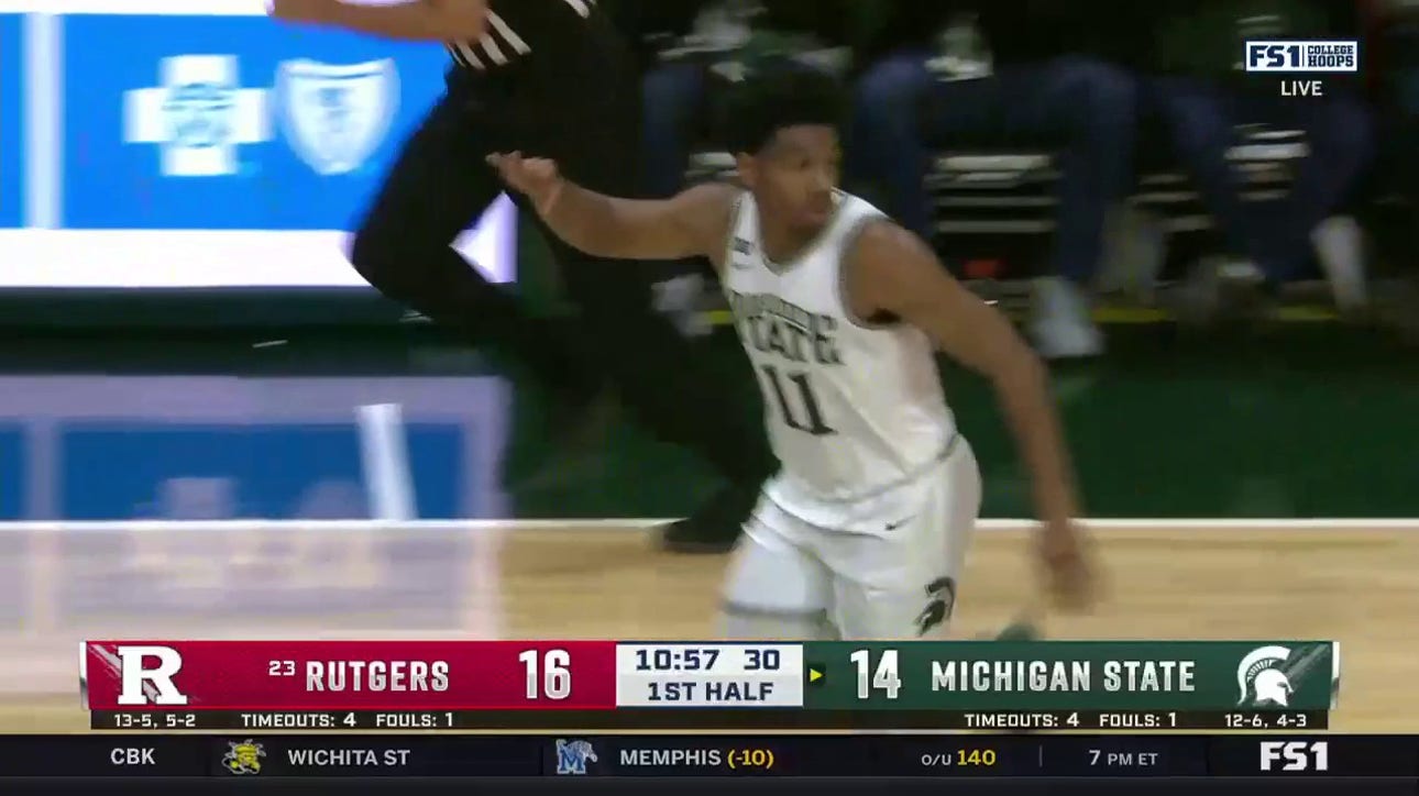Michigan State's A.J. Hoggard caps off eight-point run with a three-pointer to grab the lead vs. Rutgers