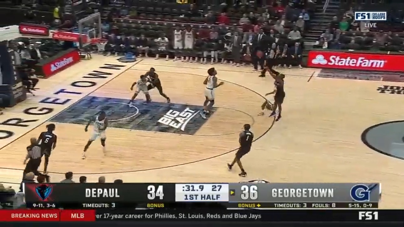 Umoja Gibson steals the ball and scores a HUGE 3-pointer to give Depaul the lead over Georgetown at halftime