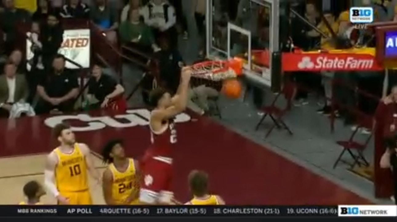Indiana's Trayce Jackson-Davis sneaks up the middle and delivers a powerful two-handed dunk