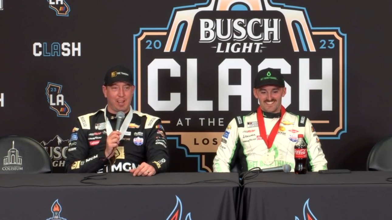 Kyle Busch laughs after his third-place finish in the Clash about Richard Childress coming on the radio after he was spun by Joey Logano