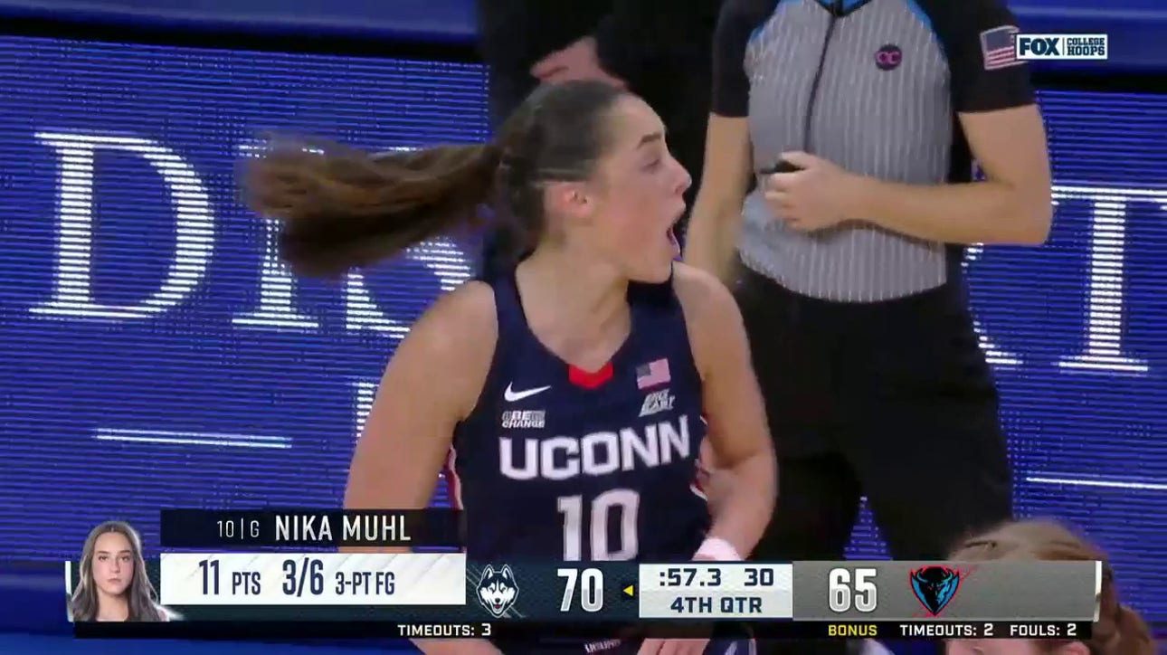 Nika Muhl drills a 3-pointer late as part of an 11-4 run, as UConn comes from behind to defeat DePaul 72-69