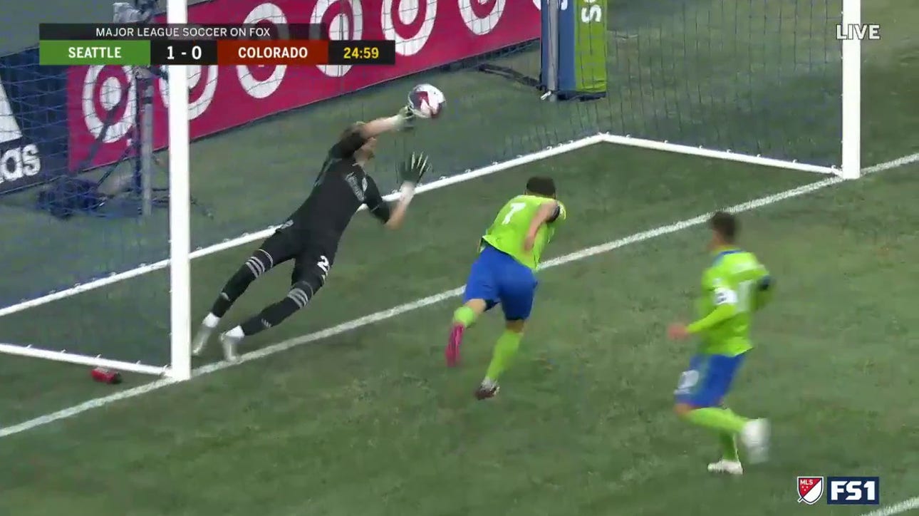 Cristian Roldan puts in a header to give Seattle a 1-0 lead over Colorado in the 25th minute