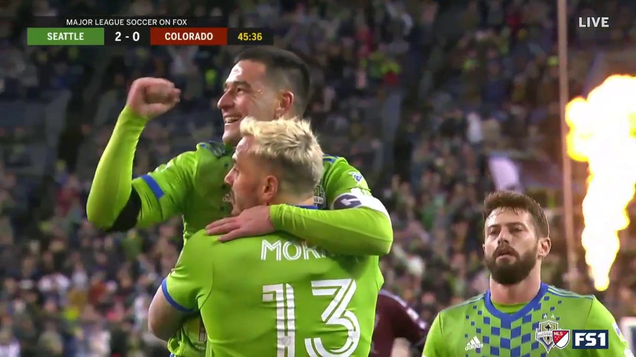 Jordan Morris scores with a header in the 45th minute to give Seattle a 2-0 lead over Colorado