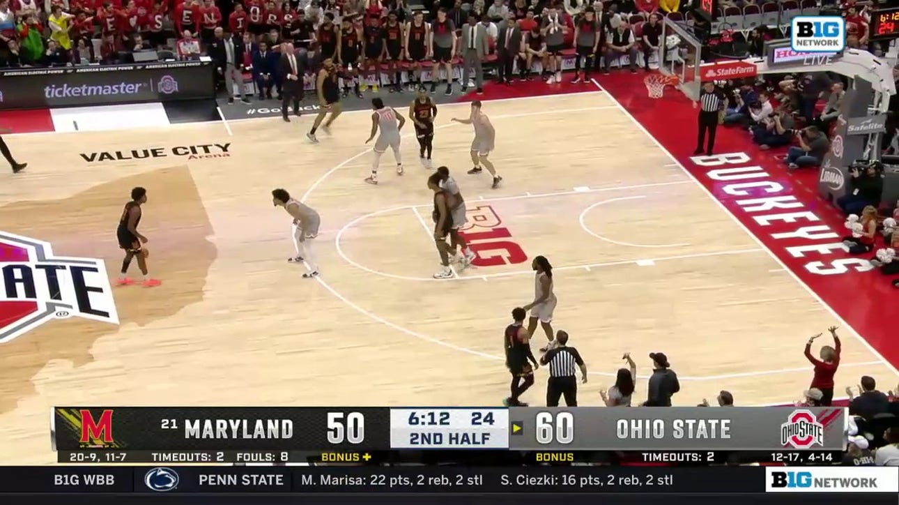 Brice Sensabaugh finds Felix Okpara on an alley-oop to extend Ohio State's lead over Maryland