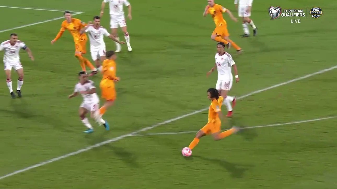 Netherlands' Nathan Aké notches his 2ND goal of the day against Gibraltar, 3-0