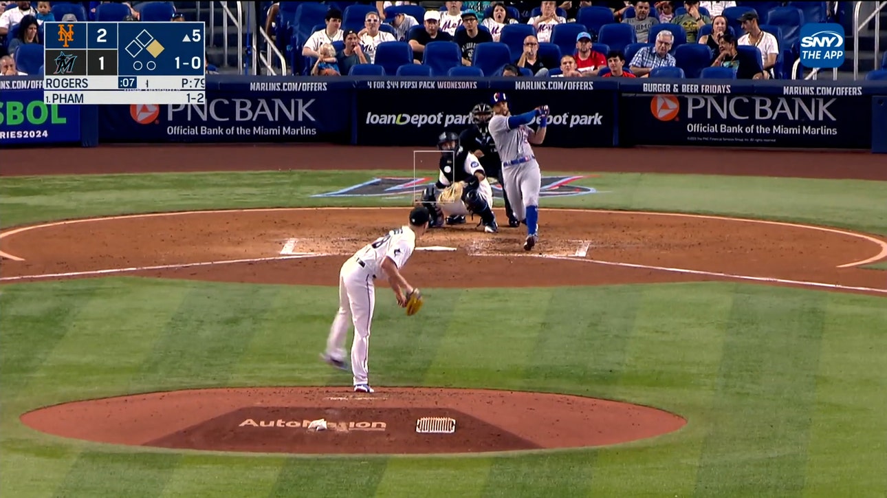 Mets' Tommy Pham launches a two-run home run into deep center field to increase the lead over the Marlins