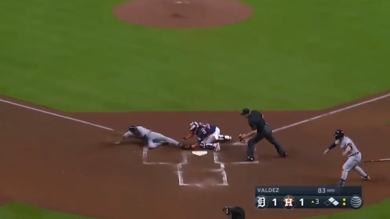 Astros' Yordan Alvarez makes a beautiful throw to get Tigers' Matt Vierling out at home plate