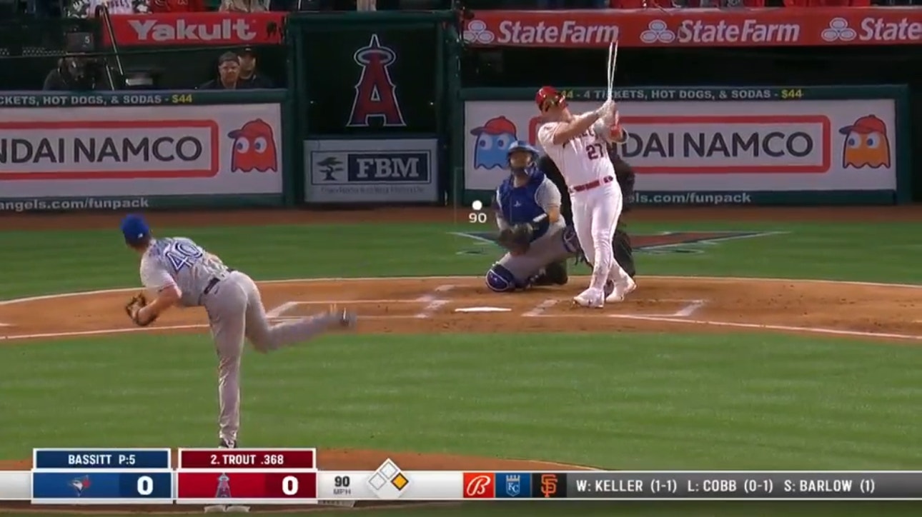 Angels' Mike Trout cranks a two-run homer 441 ft to left field against the Blue Jays