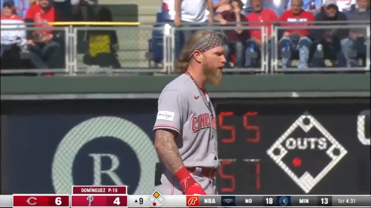 Jake Fraley hits a bases-clearing double in the ninth inning of the Reds' comeback 6-4 victory over the Phillies