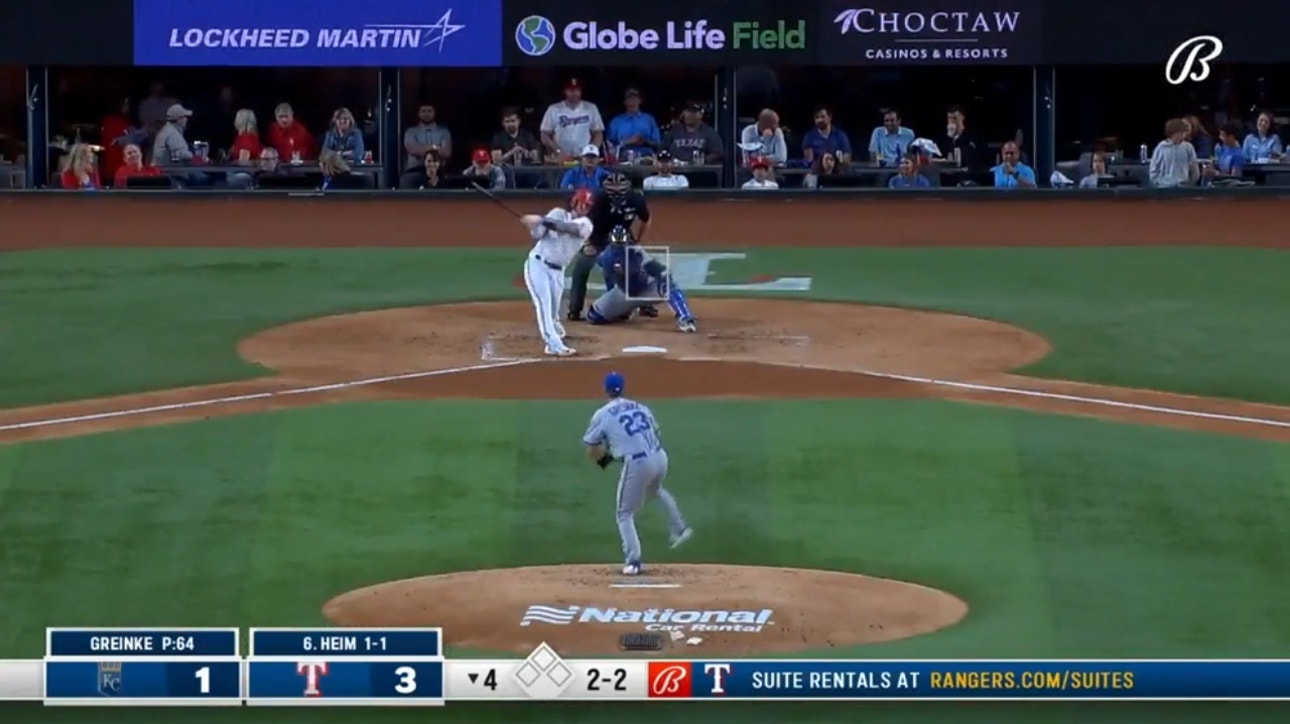 Rangers' Jonah Heim crushes a solo home run to right-field and extends the 4-1 lead over the Royals