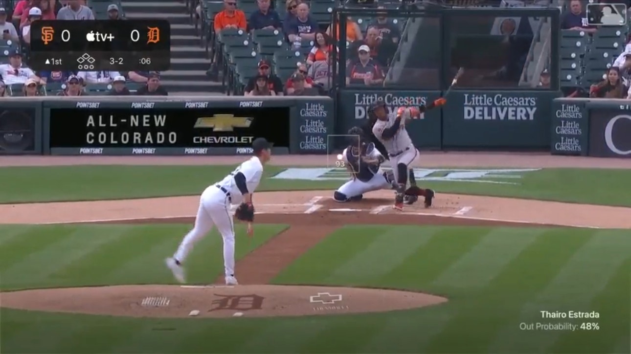 Giants' Thairo Estrada hits a leadoff home run 441 feet to center field against the Tigers