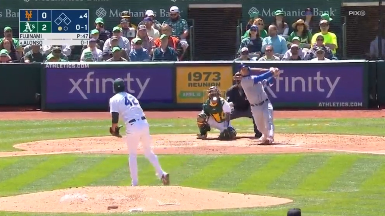 Mets’ Pete Alonso goes yard in the fourth inning against the A’s, his NL-leading seventh HR this season