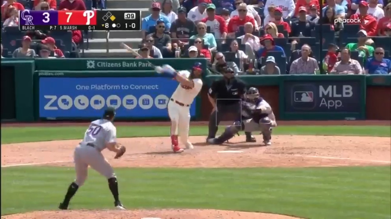 Phillies' Brandon Marsh cranks a deep home run in the eighth vs. the Rockies