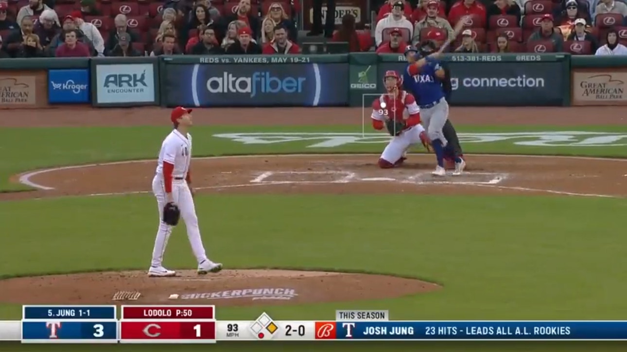 Rangers' Josh Jung muscles a two-run homer to the concourse for his second long ball of the game