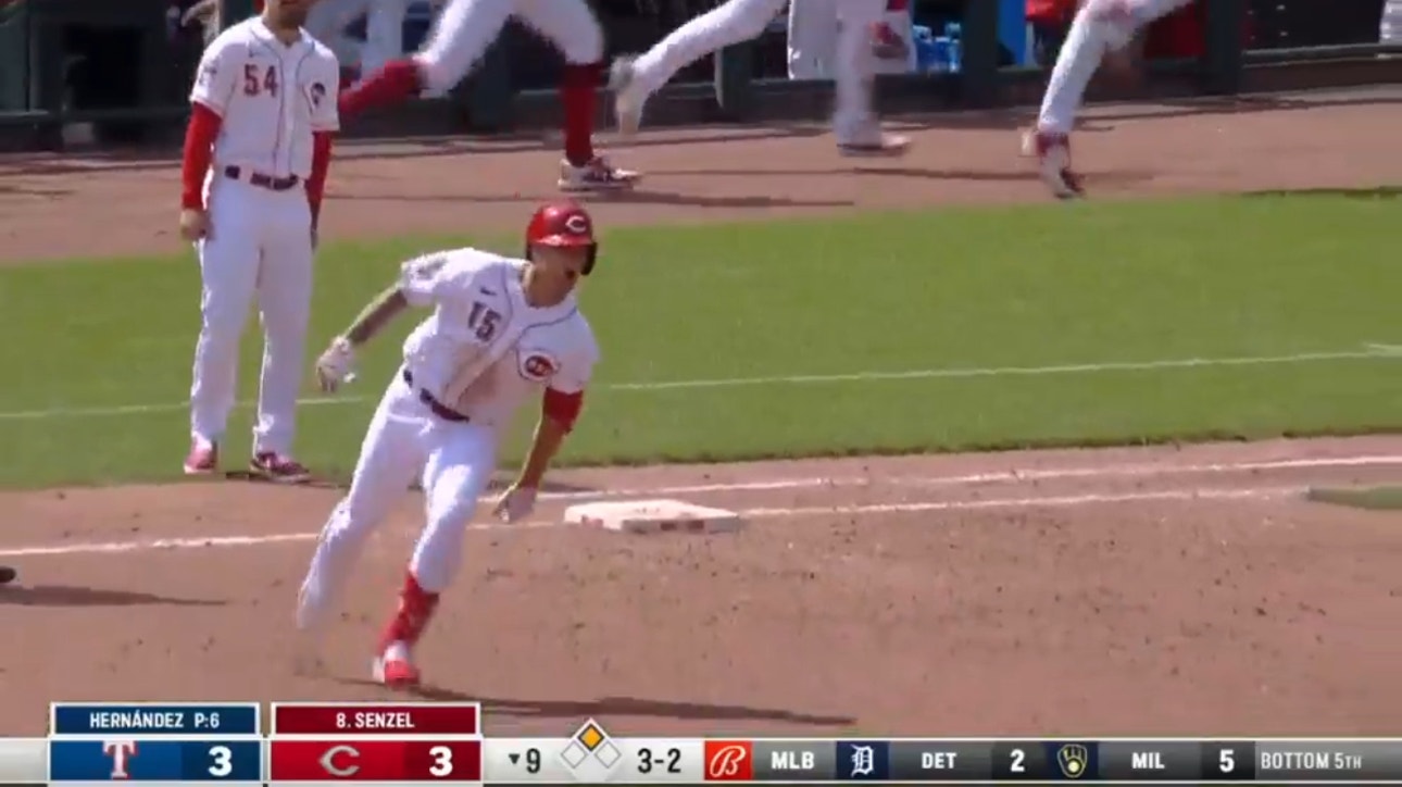 Reds Nick Senzel hits a walk-off, two-run home run to beat the Rangers