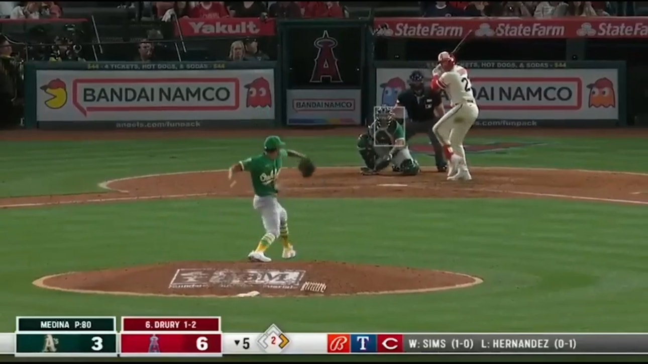 Brandon Drury crushes a two-run home run to extend the Angels' lead over the Athletics 