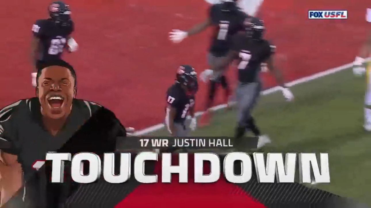 Gamblers' Kenji Bahar connects with Justin Hall for a 41-yard passing TD vs. Showboats