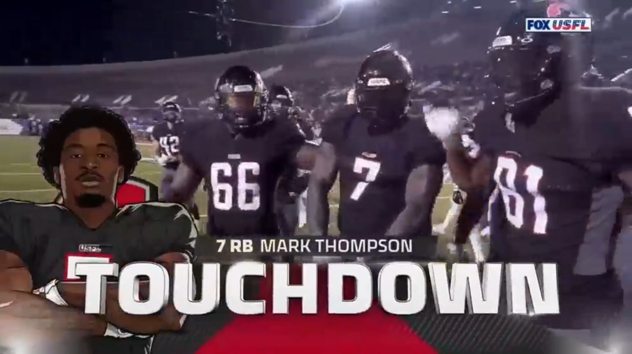 After a Gamblers' fumble recovery, Mark Thompson scores on a 15-yard rushing TD to increase the lead vs. the Showboats